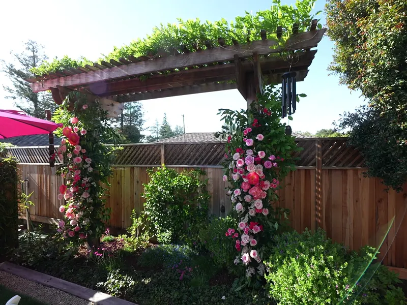 Floral arch beside a shaded lounge area at a Moraga backyard event