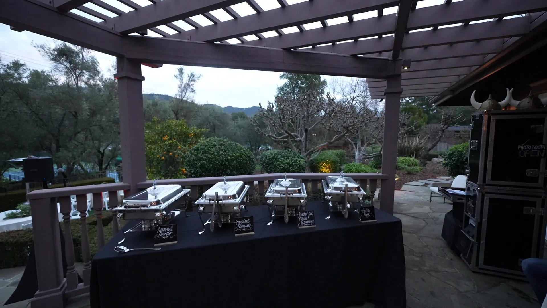 Chafing-dish buffet with black linens overlooking the Orinda hills