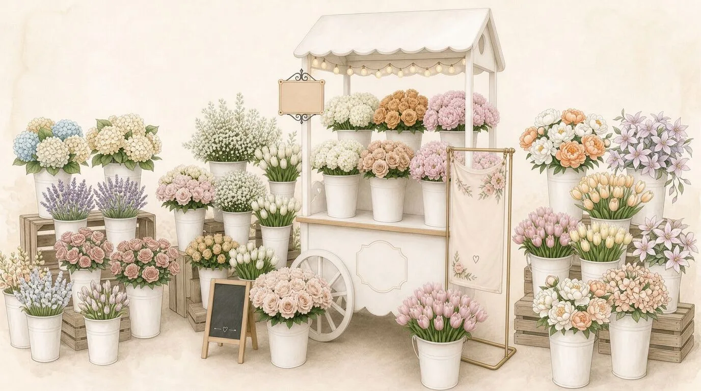 Custom Bloom Bar cart filled with seasonal roses, daisies, and eucalyptus for guests to wrap their own bouquets — floral add-on from our Walnut Creek catering team