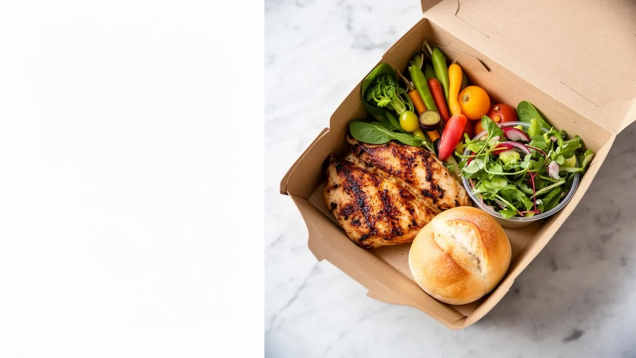 Boxed catering meal with herb-roasted chicken, seasonal vegetables and a side salad packed for Concord catering deliveries