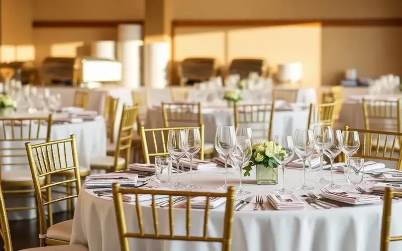 Walnut Creek event space styled with white tablecloths, polished flatware, glassware, and understated floral arrangements.