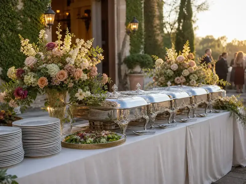 Walnut Creek catered celebration with romantic flowers, formal dinner plates, fresh salad, and an upscale outdoor buffet.
