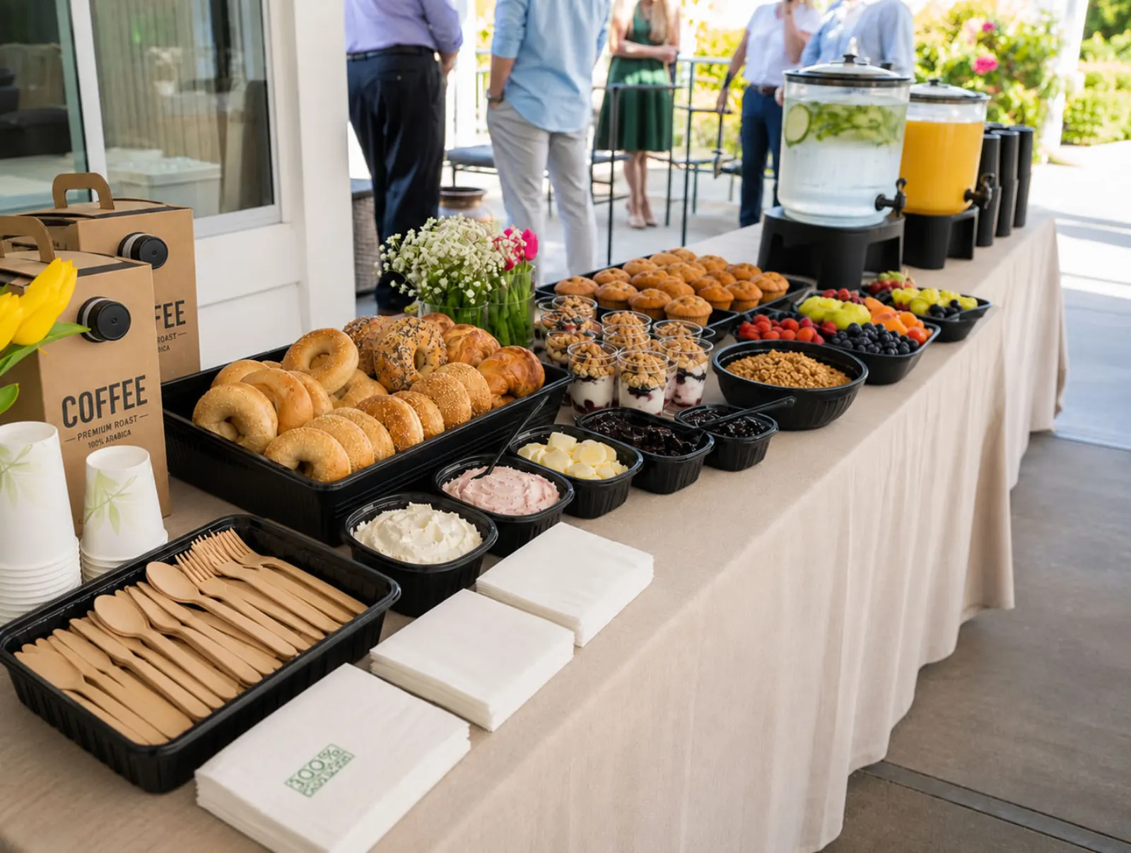 Drop-Off Continental Breakfast by Walnut Creek Catering Company Drop-off continental breakfast display with bagels, muffins, yogurt parfaits with granola, fresh fruit and berries, coffee, iced water, and orange juice on a linen-draped outdoor buffet by Walnut Creek Catering Company