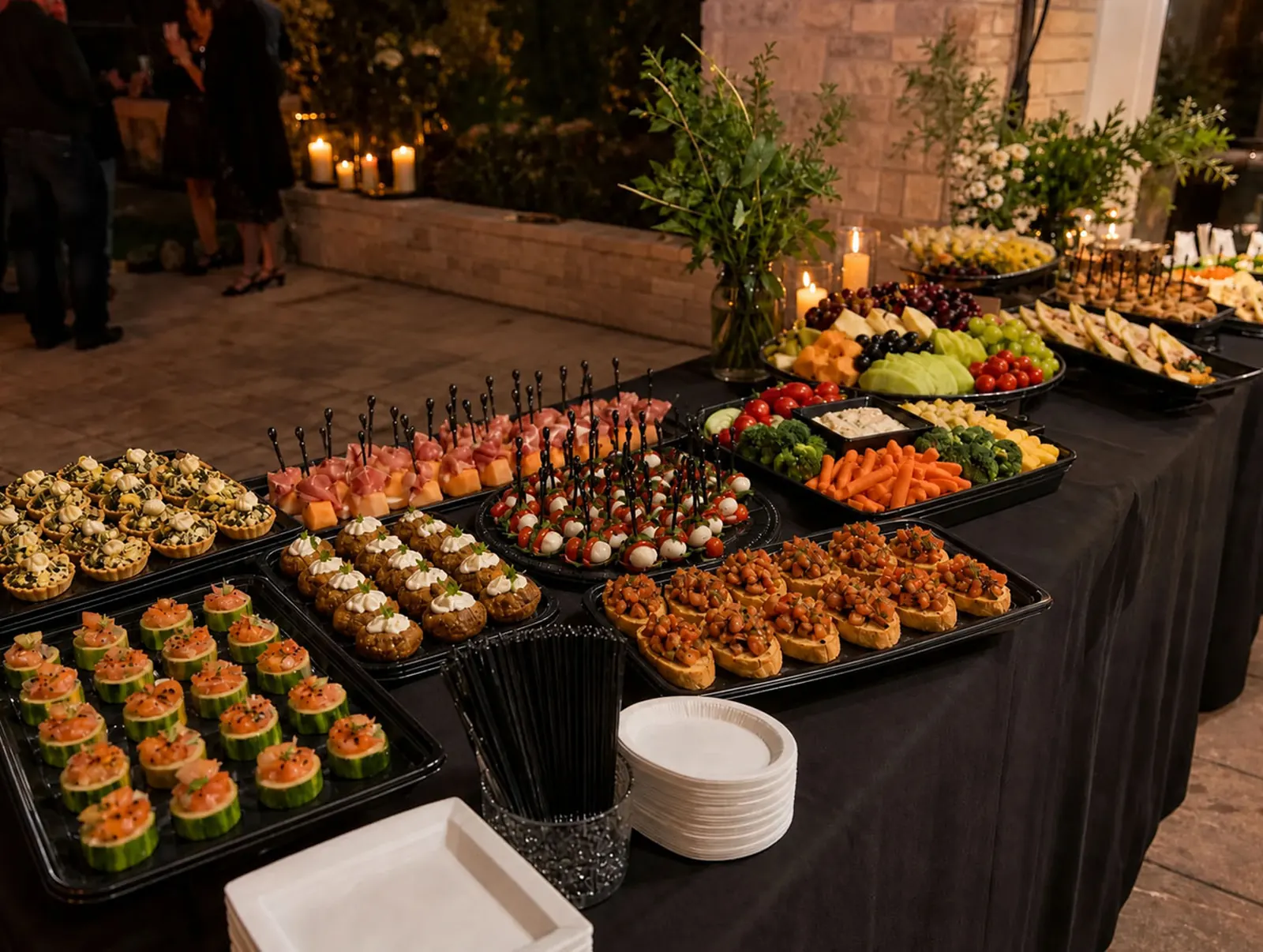 Drop-Off Appetizer Station Elegant evening drop-off appetizer station with caprese skewers, prosciutto and melon, bruschetta, stuffed mushrooms, smoked salmon cucumber cups, artichoke tartlets, crudité, fresh fruit and cheese trays, and candlelit florals by Walnut Creek Catering Company
