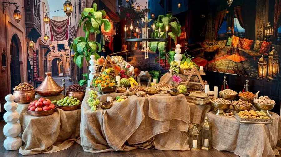 Jewel-toned grazing display of dried fruit, nuts and honeyed sweets dressed with dramatic blooms and greenery — themed floral styling for Antioch catering