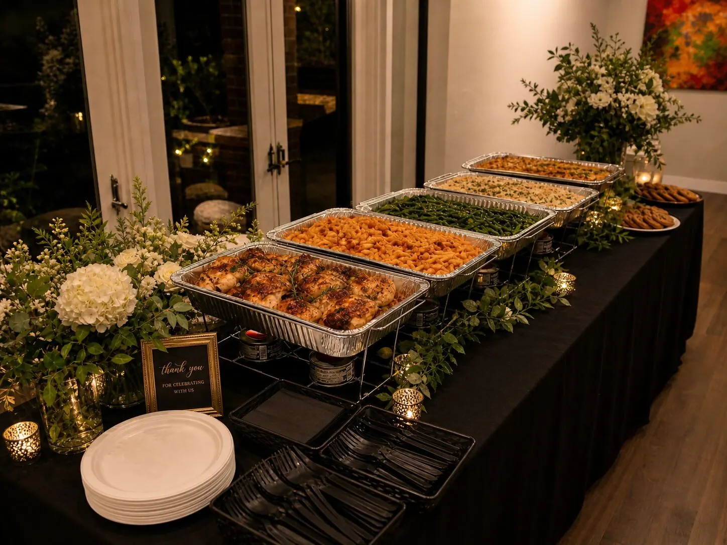 Delivered family-style dinner along a candle-lined table with compact bud vases threaded between the platters — floral touches for Clayton catering drop-offs