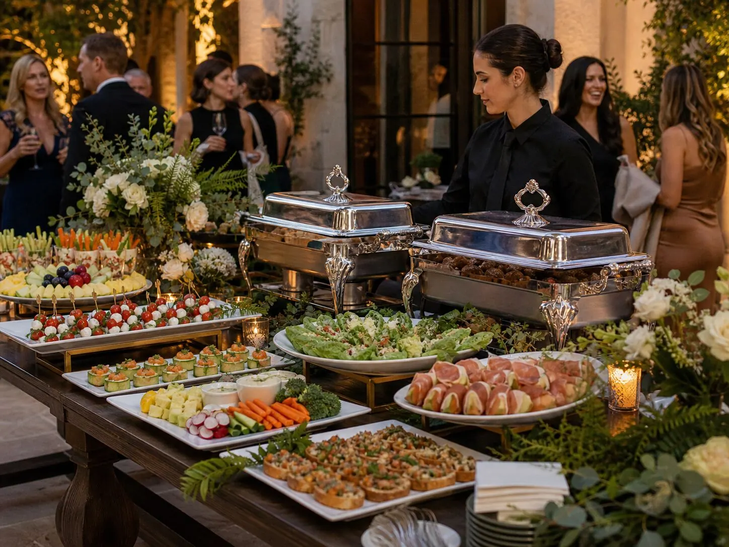 Attended garden appetizer station where warm chafers and skewer platters sit beside potted greenery and blossom accents — floral-styled starter service from Walnut Creek catering