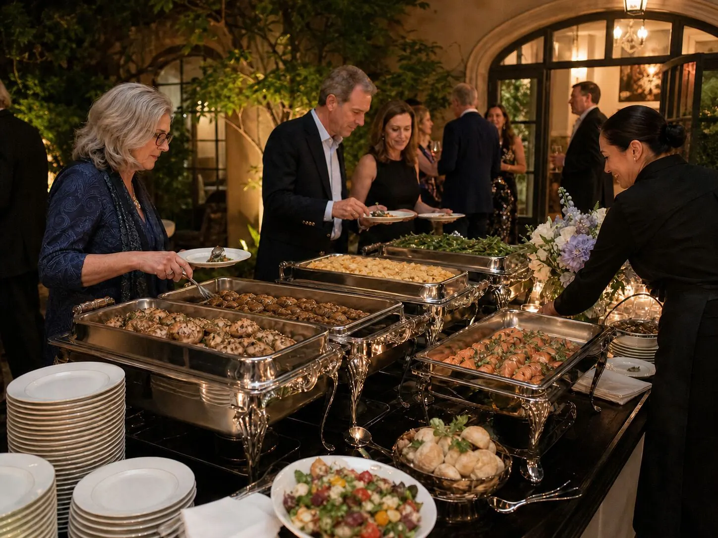 Dusk dinner line in a courtyard with attendants working polished chafers while candlelit tables wait behind them — staffed dinner service for Alamo catering and at-home entertaining