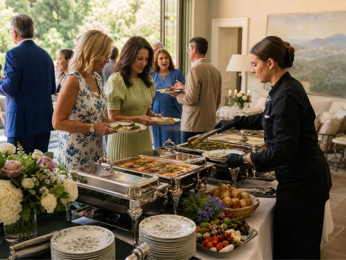 Server plating entrees from polished chafers for guests seated at a sunlit terrace luncheon — attended midday service for Lafayette catering and hillside gatherings