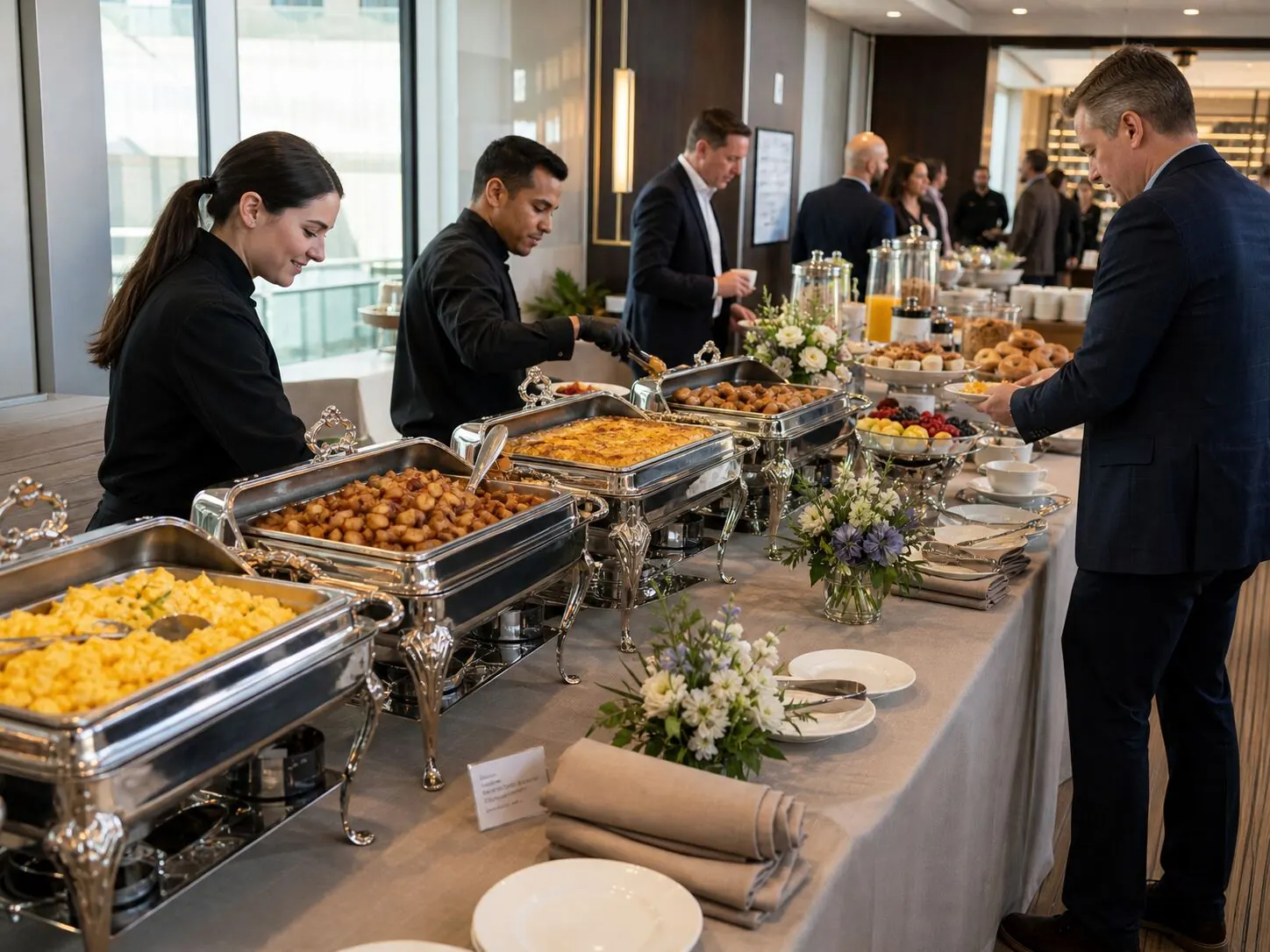 Uniformed staff running a full-service lunch line of hot entrees and sides at a Contra Costa County corporate event