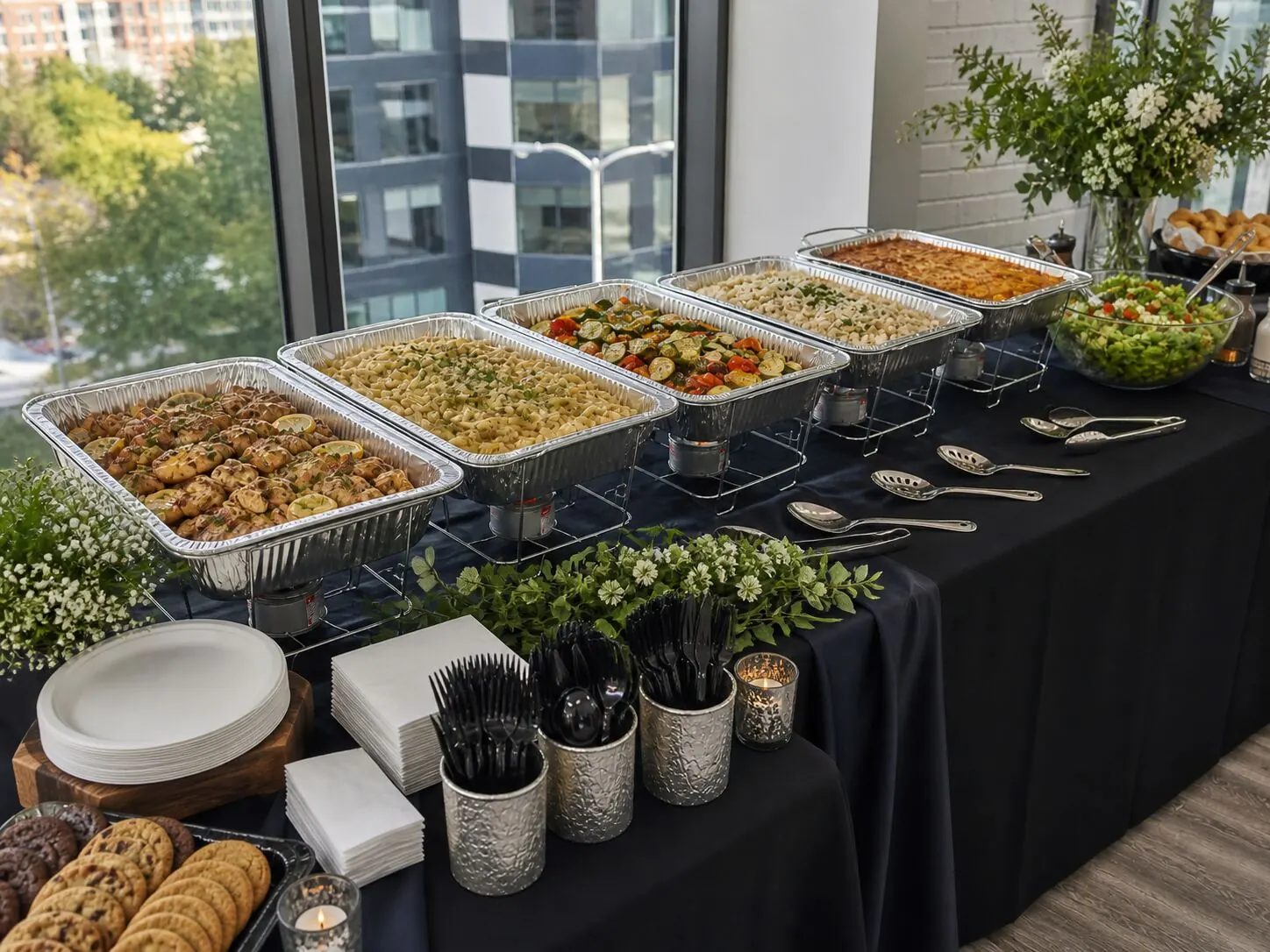 Hot lunch buffet of pasta, roasted vegetables and green salad set out for a Walnut Creek office catering delivery
