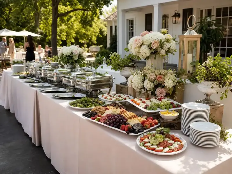 Walnut Creek garden wedding buffet styled with hydrangeas, roses, grazing platters, salads, and polished serving equipment.
